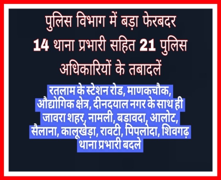 पुलिस विभाग में बड़ा फेरबदर, 14 थाना प्रभारी सहित 21 पुलिस अधिकारियों के तबादलें