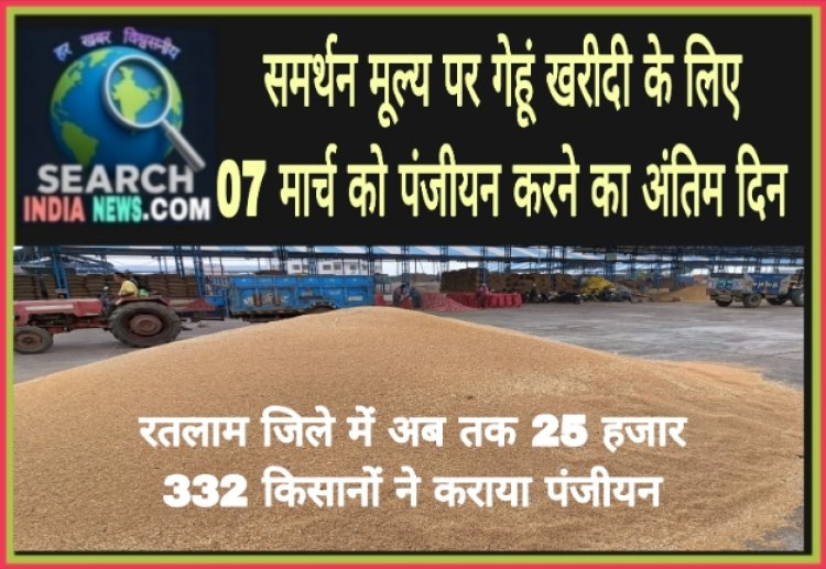 समर्थन मूल्य पर गेहूं उपार्जन के  लिए 07 मार्च को पंजीयन करने का अंतिम दिन, अब तक 25 हजार 332 किसानों ने कराया पंजीयन