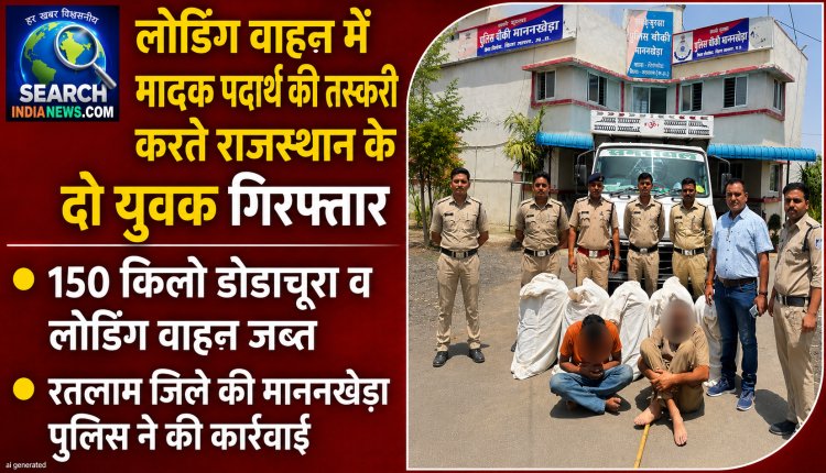 मादक पदार्थ की तस्करी करते राजस्थान के दो युवक गिरफ्तार, 150 किलो डोडाचूरा व लोडिंग वाहन जब्त