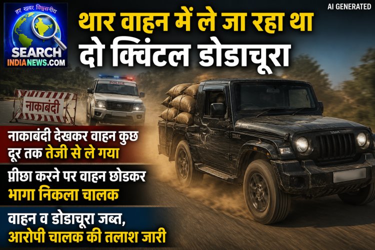 थार वाहन में ले जा रहा था दो क्विंटल डोडाचूरा, पुलिस ने पीछा किया तो वाहन छोड़कर खेतों में होकर भाग निकला चालक