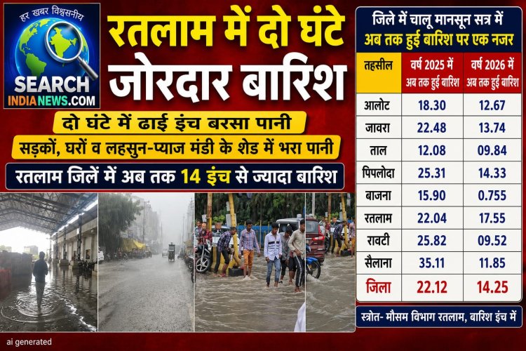 रतलाम में जोरदार बारिश, दो घंटे में ढ़ाई इंच, सड़कों और लहसुन-प्याज मंडी के शेड में भरा पानी