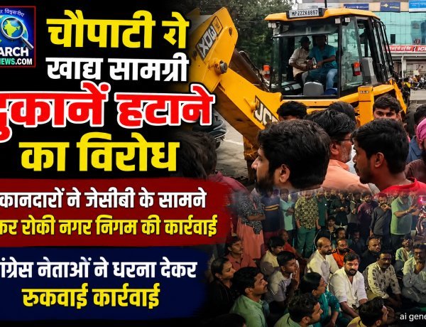 चौपाटी से खानपान की दुकानें हटाने का विरोध, दुकानदारों ने जेसीबी के सामने आकर रोकी नगर निगम की कार्रवाई