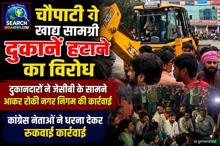 चौपाटी से खानपान की दुकानें हटाने का विरोध, दुकानदारों ने जेसीबी के सामने आकर रोकी नगर निगम की कार्रवाई
