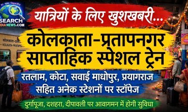 यात्रियों के लिए खुशखबरी: कोलकाता-प्रतापनगर के मध्य साप्ताहिक स्पेशल ट्रेन, रतलाम, कोटा, सवाई माधोपुर, प्रयागराज सहित अनेक स्टेशनों पर रहेगा स्टेपेज
