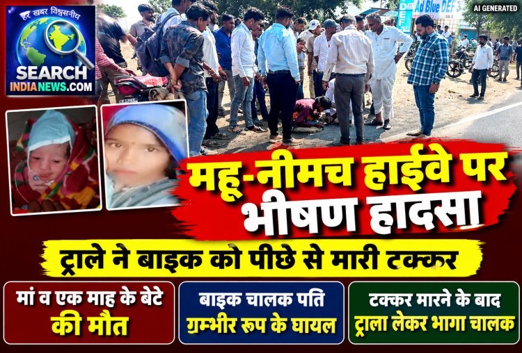 महू-नीमच हाईवे पर ट्राले ने बाइक को पीछे से मारी टक्कर, मां व एक माह के बेटे की मौत